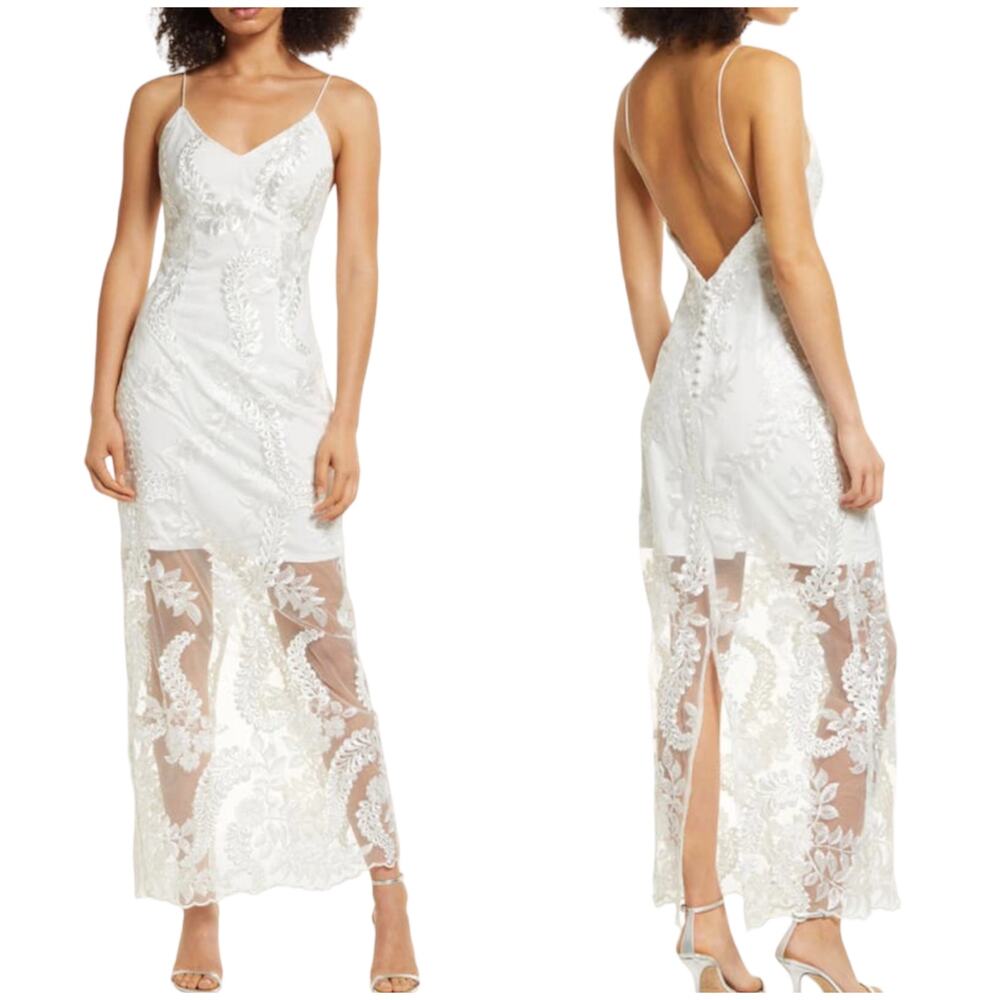 Elliatt NWT Paulette Sleeveless Chiffon Overlay Dress Ivory Size L Embroidered